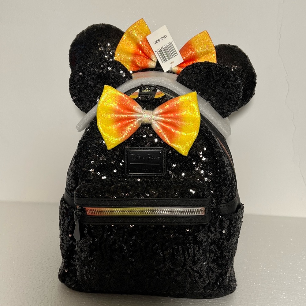 NWT Disney Parks Halloween Minnie Mouse Sequin Mini Backpack and Ears Candy Corn